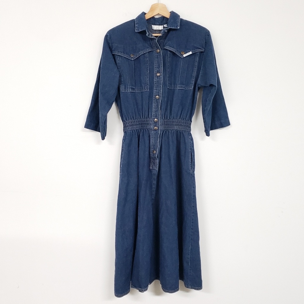 Vintage Navy Denim Button-Front Long Sleeve Dress